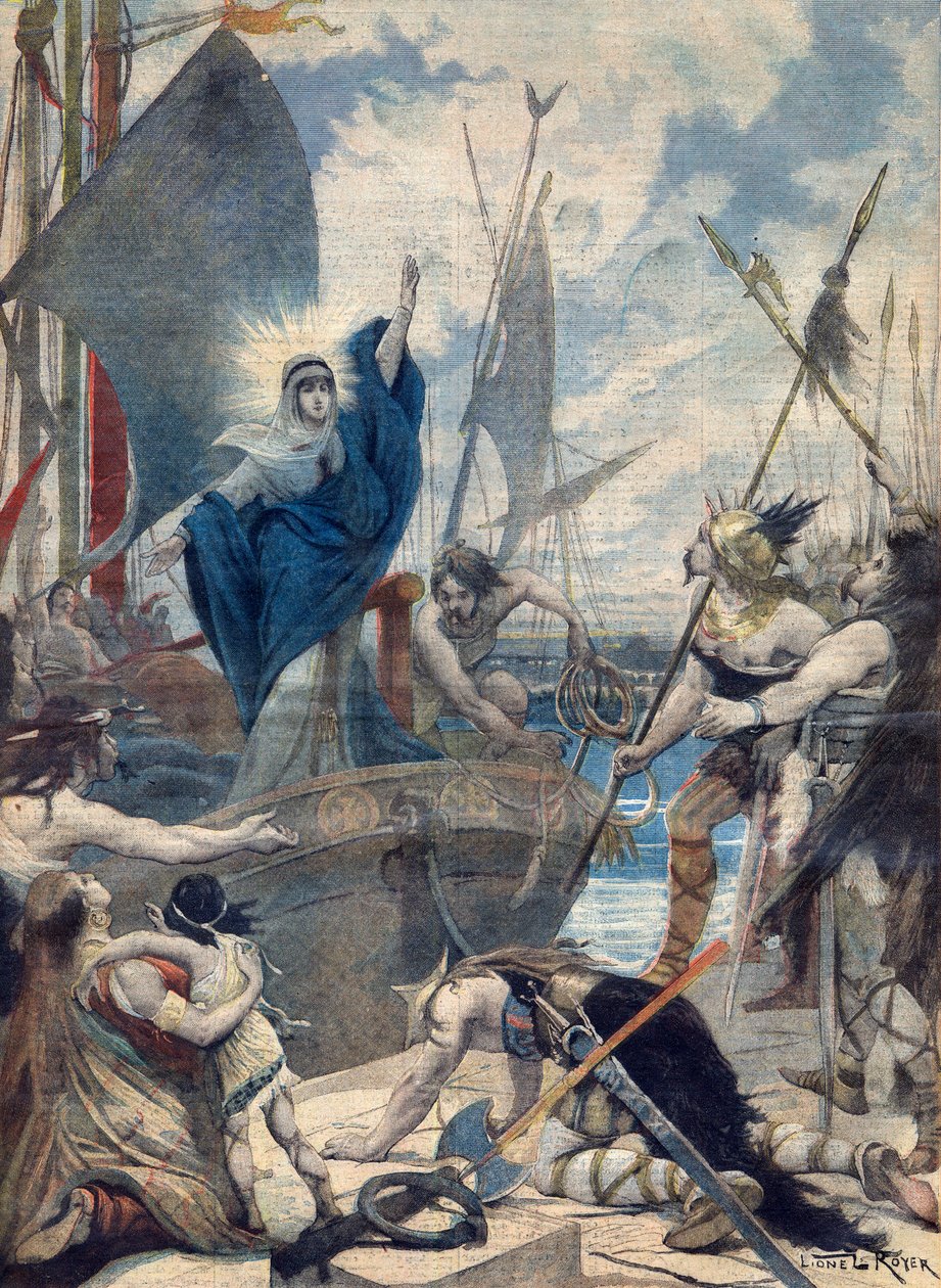 Heroines of France: St Genevieve (423-512). Les heroines de France - Invasions barbares - Sainte Genevieve saving the city of Paris. Illustration for Le petit Journal av French School