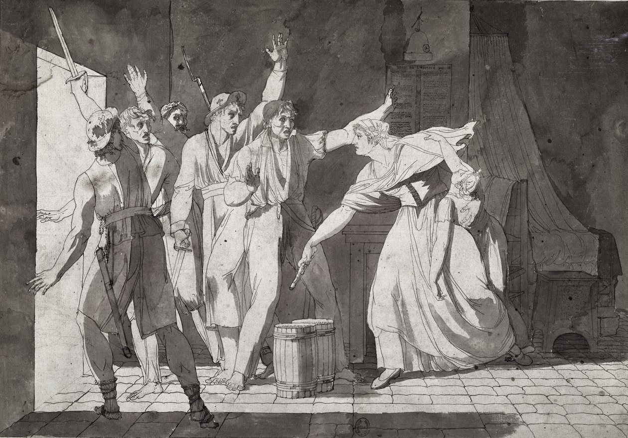 Heltemot av en kvinne som står overfor vendiske røvere etter å ha fått kontroll over Saint-Mithier, 1793 (se også 217884) av French School