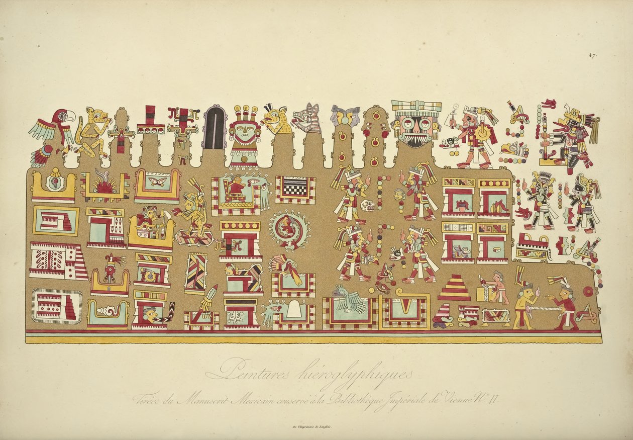 Hieroglyfiske malerier fra meksikansk manuskript II, bevart på Imperial Library of Vienna, illustrasjon fra Views of the Cordilleras and Monuments of the Indigenous Peoples of America av Alexander von H av French School