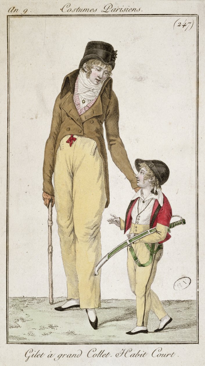 Høyhalset vest og kort morgenfrakk, fra Costumes Parisiens, 1801 av French School