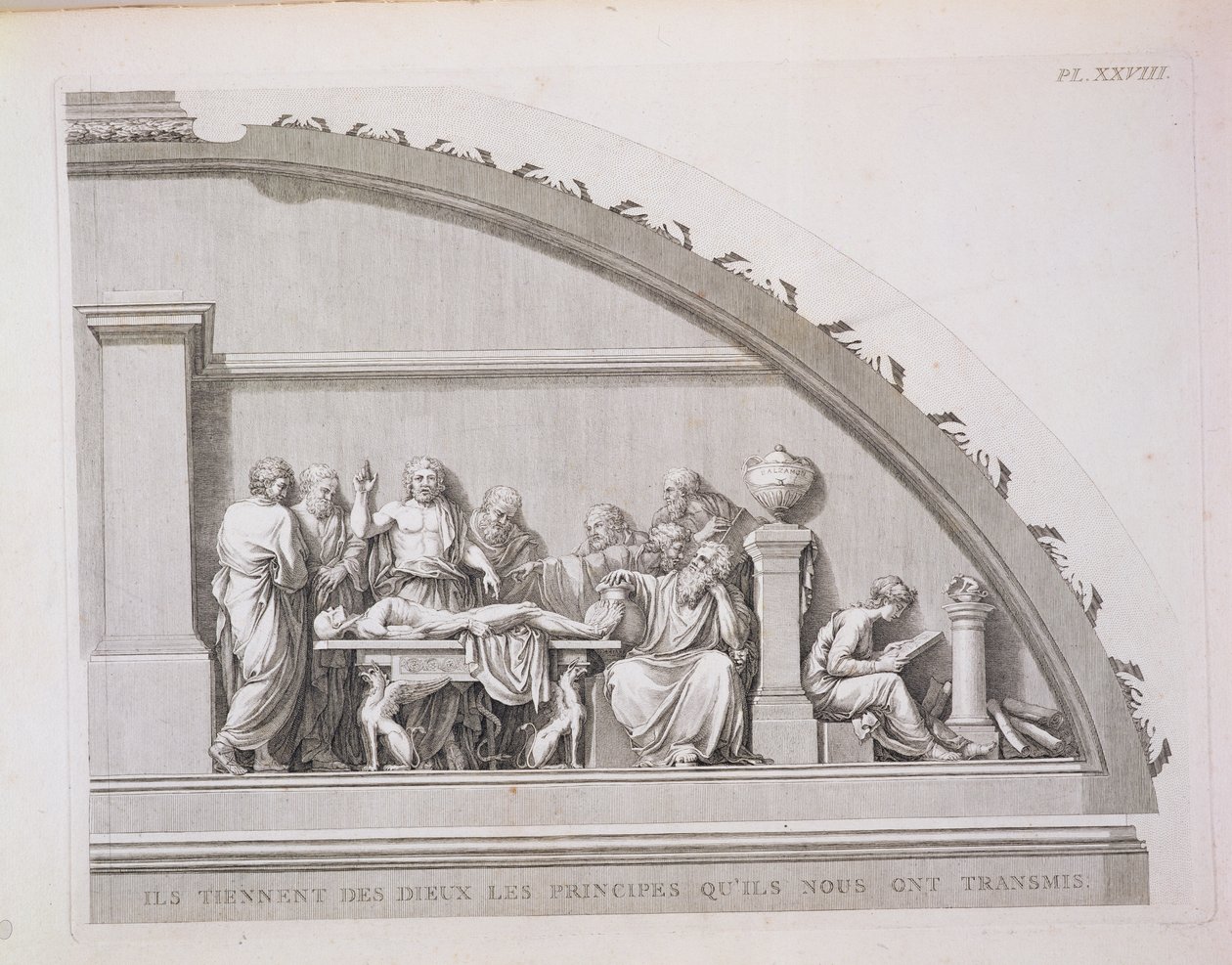 Hippokrates (ca. 460 f.Kr.-c.377 f.Kr.) Undervisning, fra A Description of the School of Surgery i Paris, publisert 1780 av French School