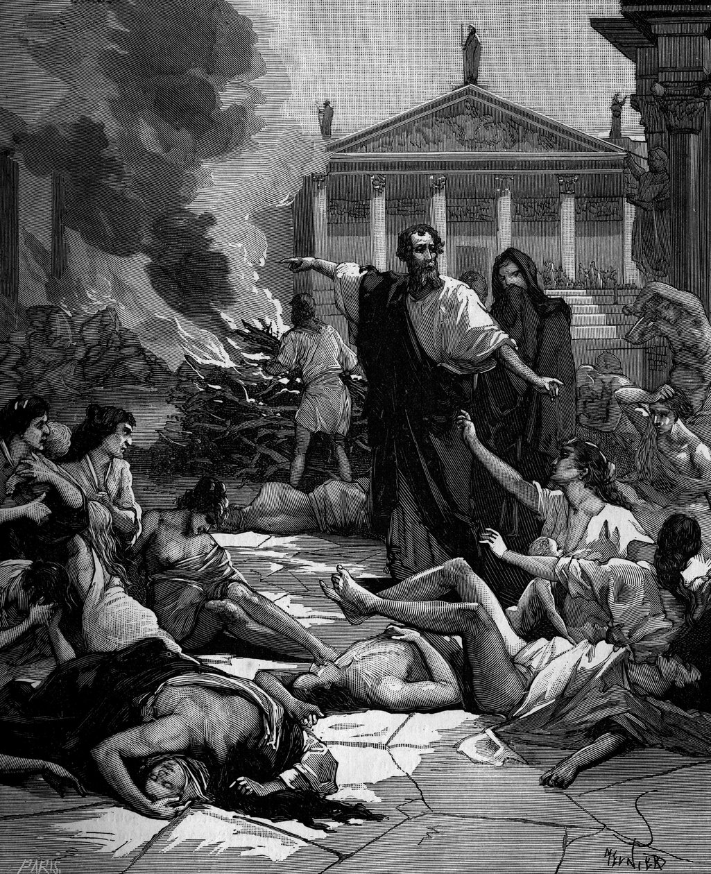 Hippokrates (på gresk Hippokrates) Gresk lege (460 til 380 f.Kr.) ankommer Athen decima pesten ved å tenne store bål. av French School