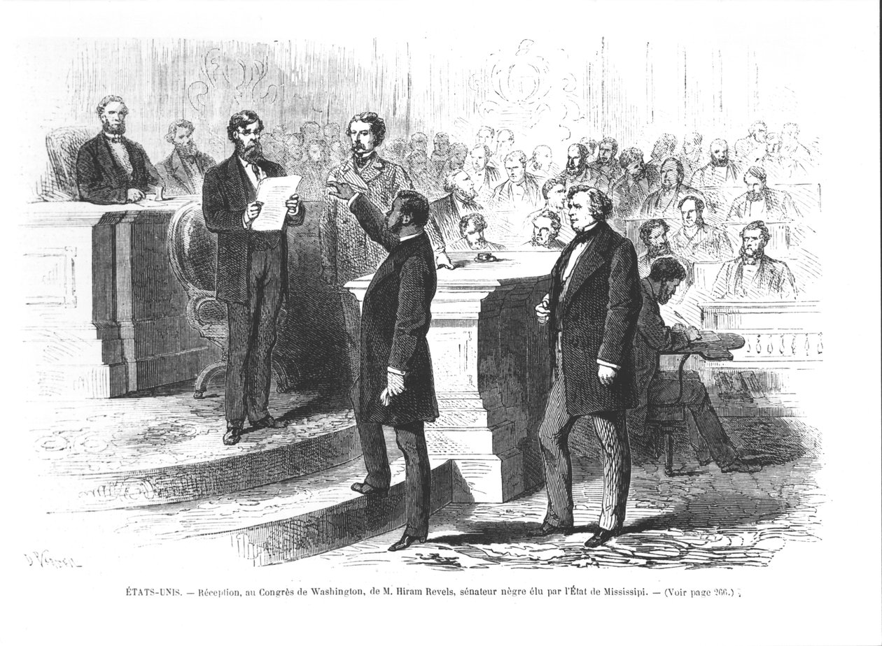 Hiram Revels, den første svarte senatoren i staten Mississippi som ble sverget inn i Washington-kongressen av French School