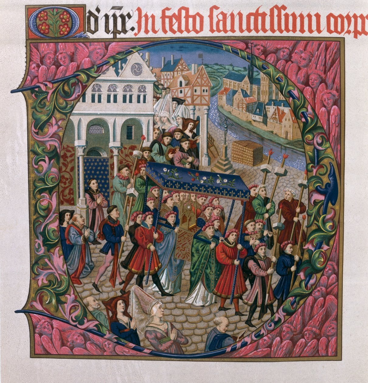 Historikert initial D som viser en religiøs prosesjon på Place de Greve, Paris på 1400-tallet (faksimileutgave av Missel de Jouvenel des Ursins) av French School