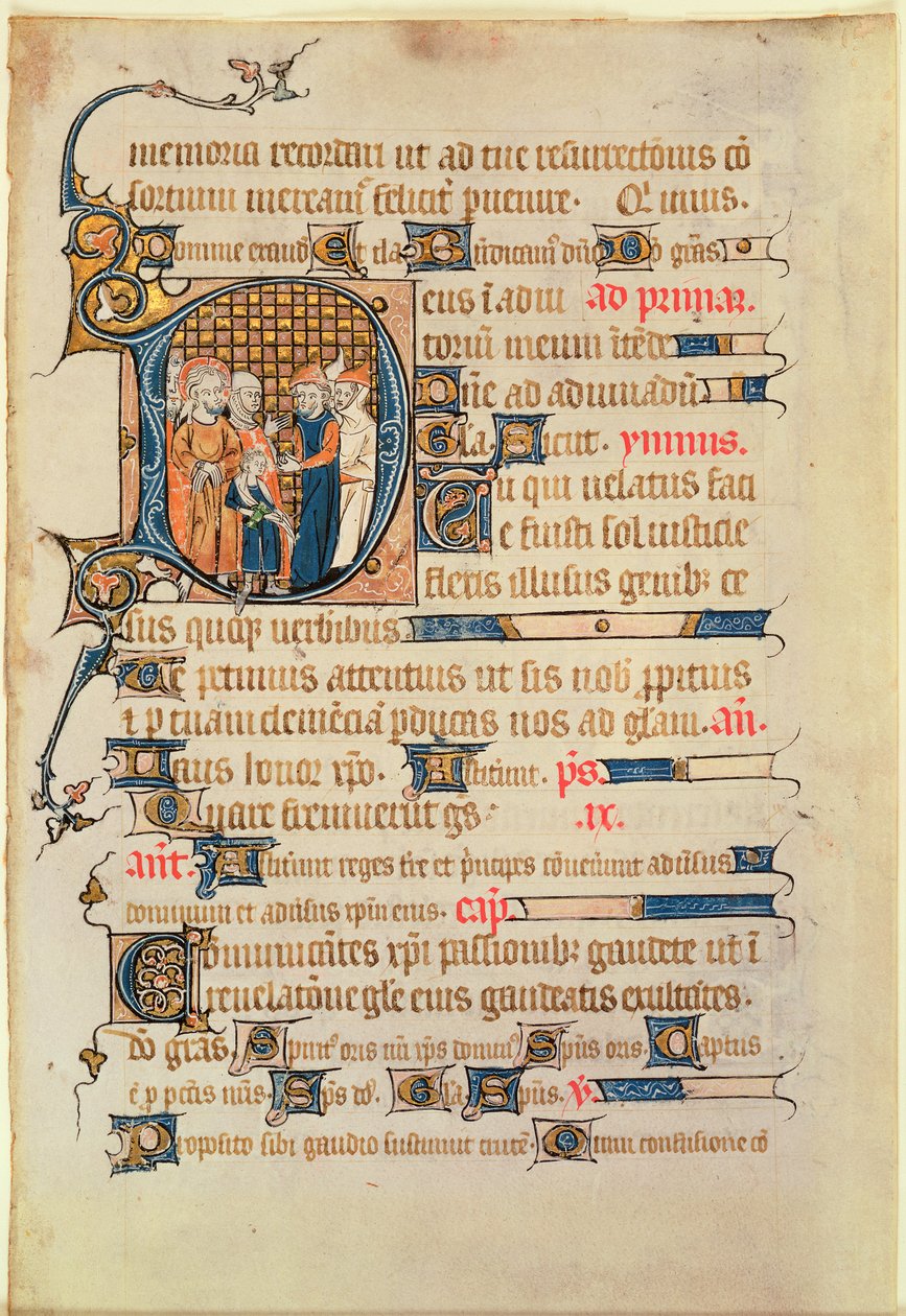 Historikert initial D fra en Psalter, 1340 (wc på vellum) av French School