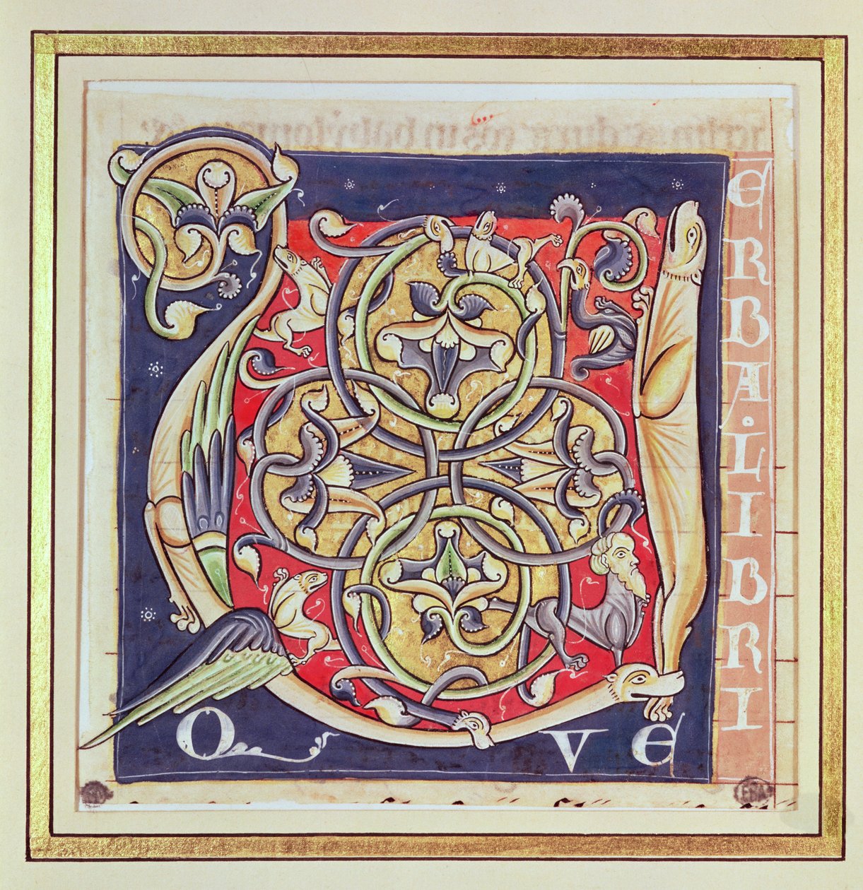 Historikert initial U som viser et sammenflettet mønster og fantastiske dyr, fra Bibelen til Saint-Andre aux-Bois av French School