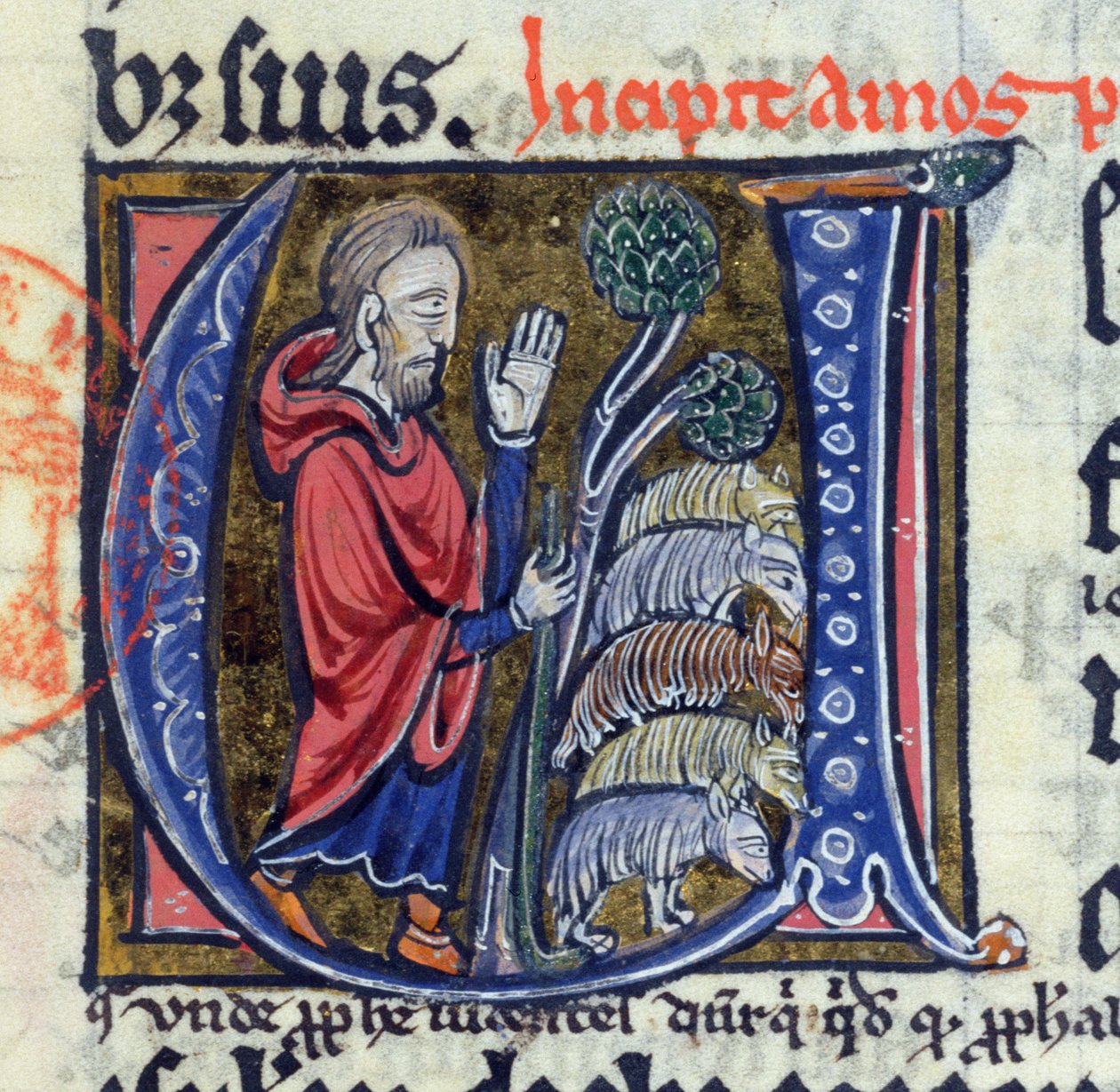 Historikert initial U som viser profeten Amos som leder flokken hans, fra en latinsk bibel, 1300-tallet av French School