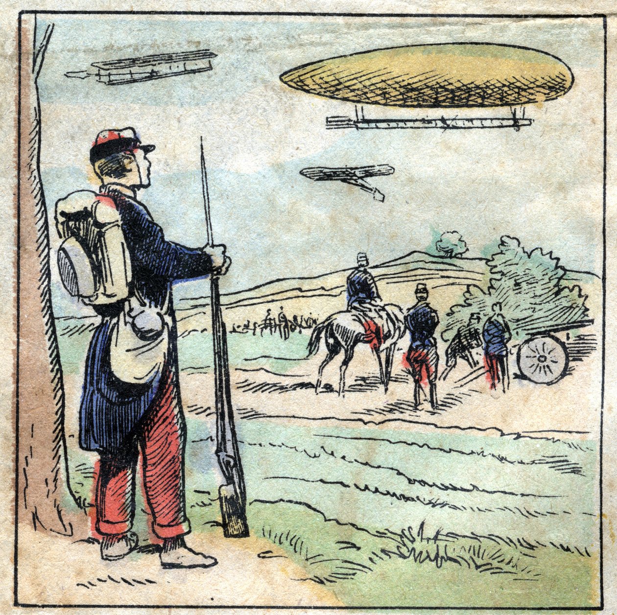 Aluminiums historie. Konstruksjon av flydeler og flyballonger laget av aluminium hvis lette vekt gjør det lettere å fly. Epinal avbildning, slutten av 1800-tallet. Privee samling. av French School