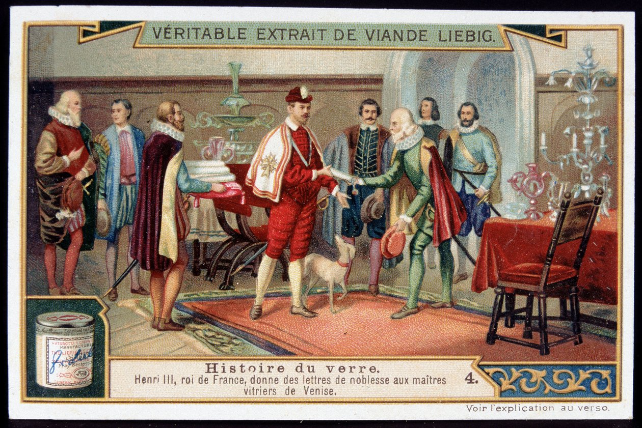 Glasshistorie: Henry III (1551-1589) Kongen av Frankrike gir adelsbrev til mesterglassmesterne i Venezia. Sent på 1800-tallet liebig kromolitografi. av French School