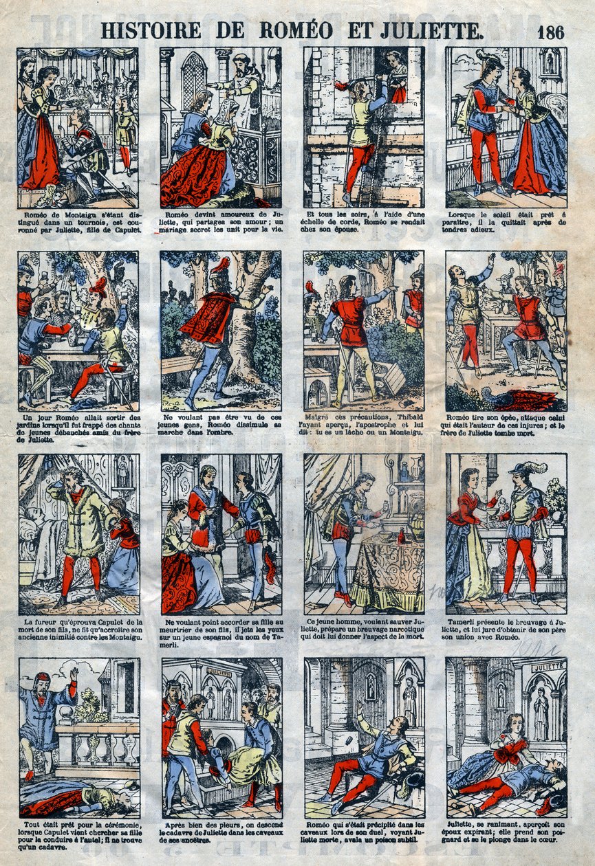 Romeo og Julies historie etter William Shakespeares skuespill (1564-1616). Epinal avbildning fra slutten av 1800-tallet. av French School