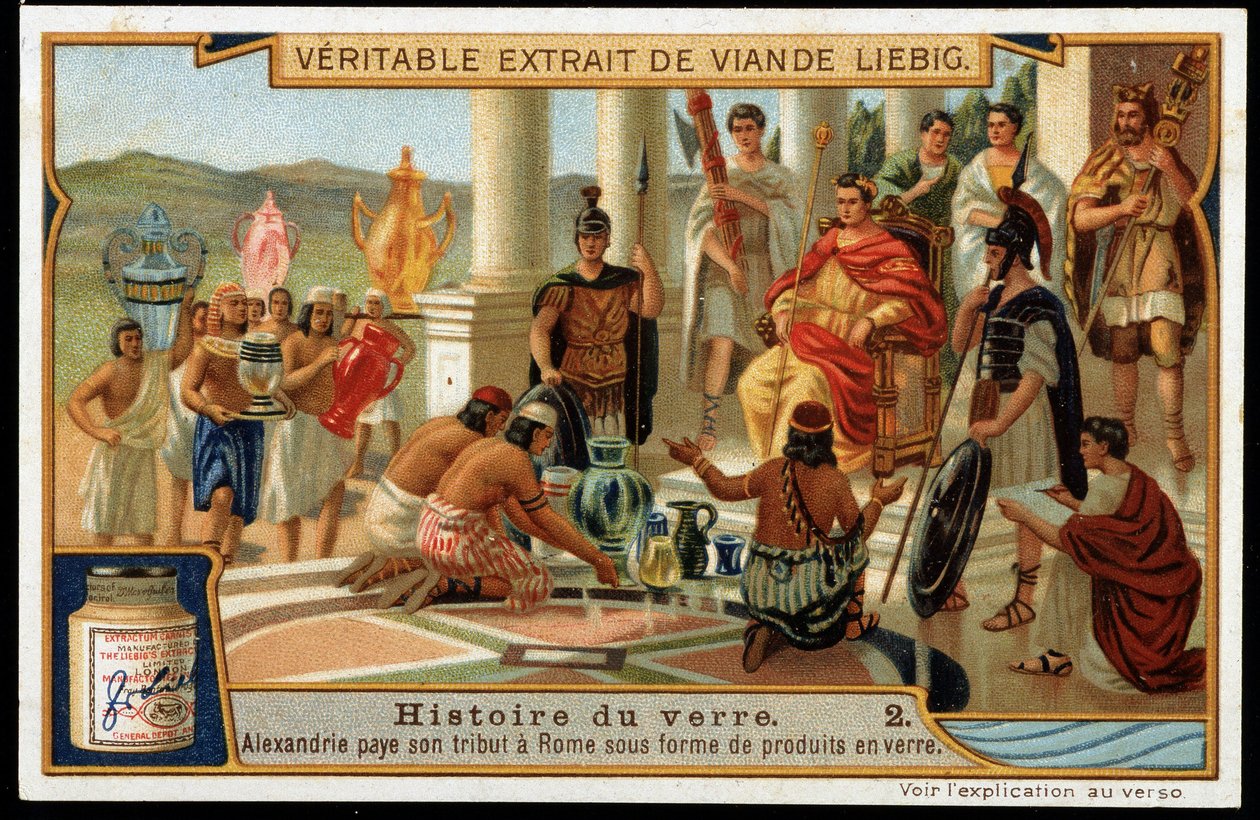 Glasshistorie: Alexandria hyller Roma i form av glassprodukter - Liebig Chromolithography av French School
