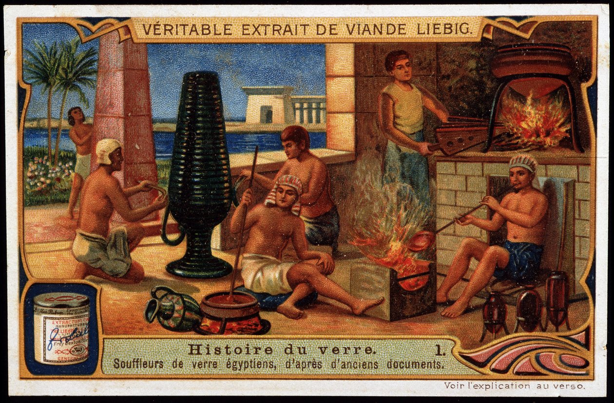 Glasshistorie: Egyptiske glassblåsere, basert på gamle dokumenter. Liebig kromolitografi av French School