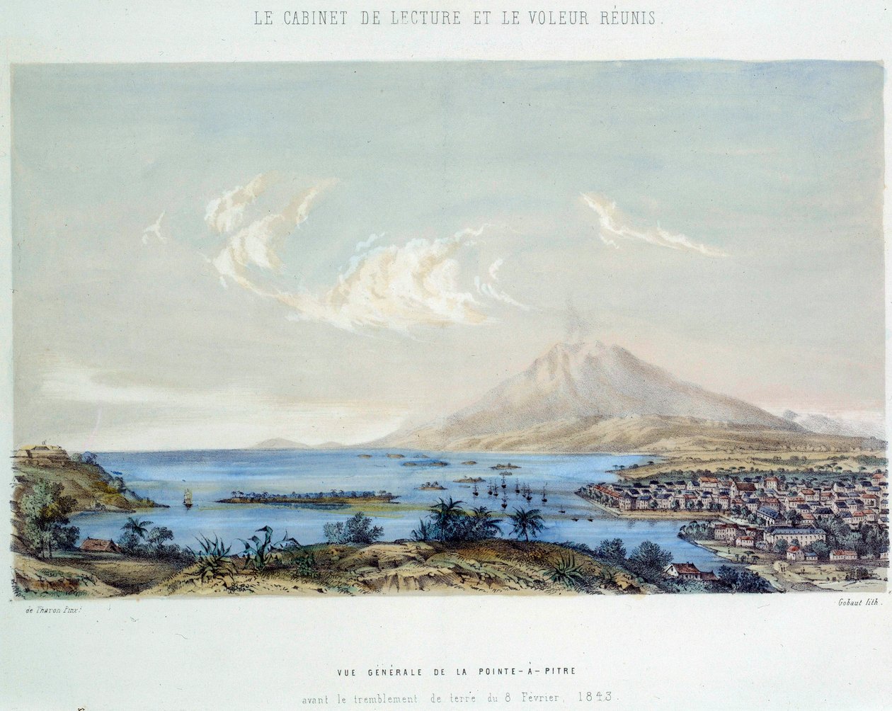 Historien til de franske koloniene: generell utsikt over Pointe a Pitre (Pointe-a-Pitre) i Guadeloupe (Antillene) før jordskjelvet 8.02.1843 av French School