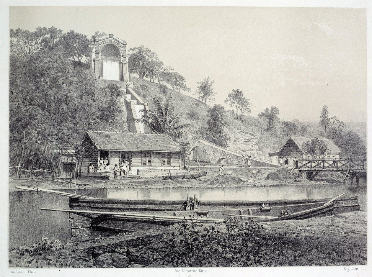 De franske kolonienes historie: utsikt over vannslottet eller Gueydon-kanalen ved Fort de France på Martinique (Antillene), Chartres musee des Beaux Arts på slutten av 1800-tallet av French School
