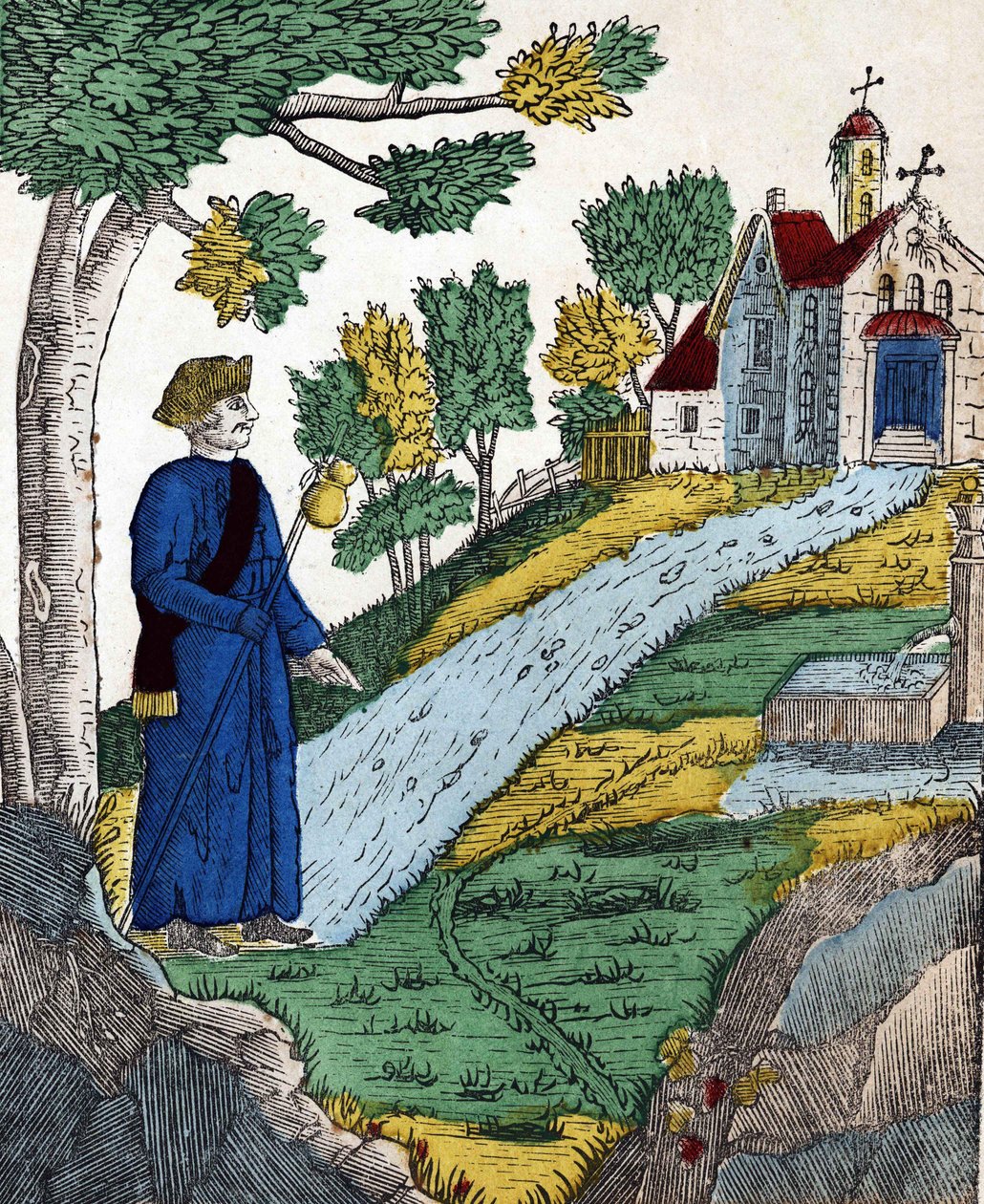 Historien om de fire sønnene Aymon; Maugis, etter å ha gjort Charlemagne til fange, dro til en eremitage for å gjøre bot der, et bilde av en spinal fra 1800-tallet. av French School
