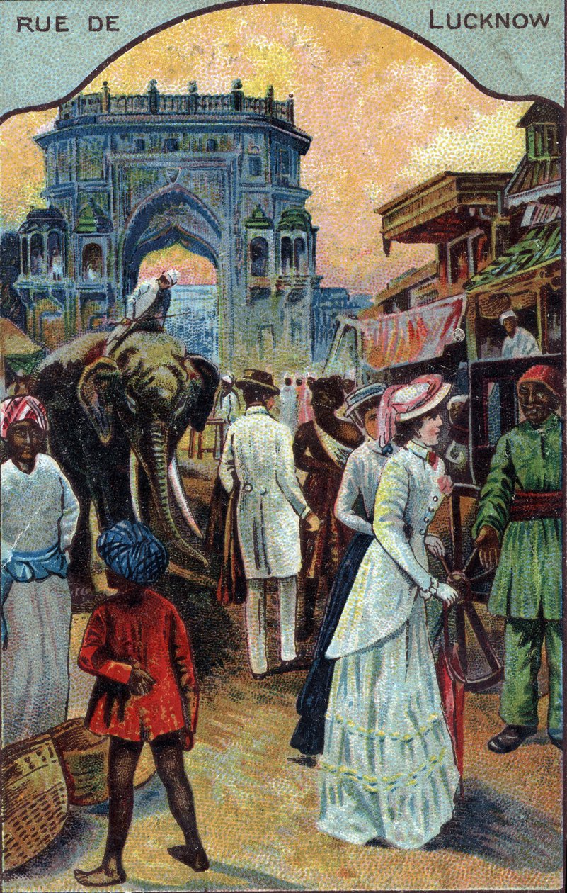 Turismehistorie: Vestlige turister i en gate i Lucknow, India (vestlige turister i en gate i Lucknow, India) Kromolitografi fra 1800-tallet Privat samling av French School