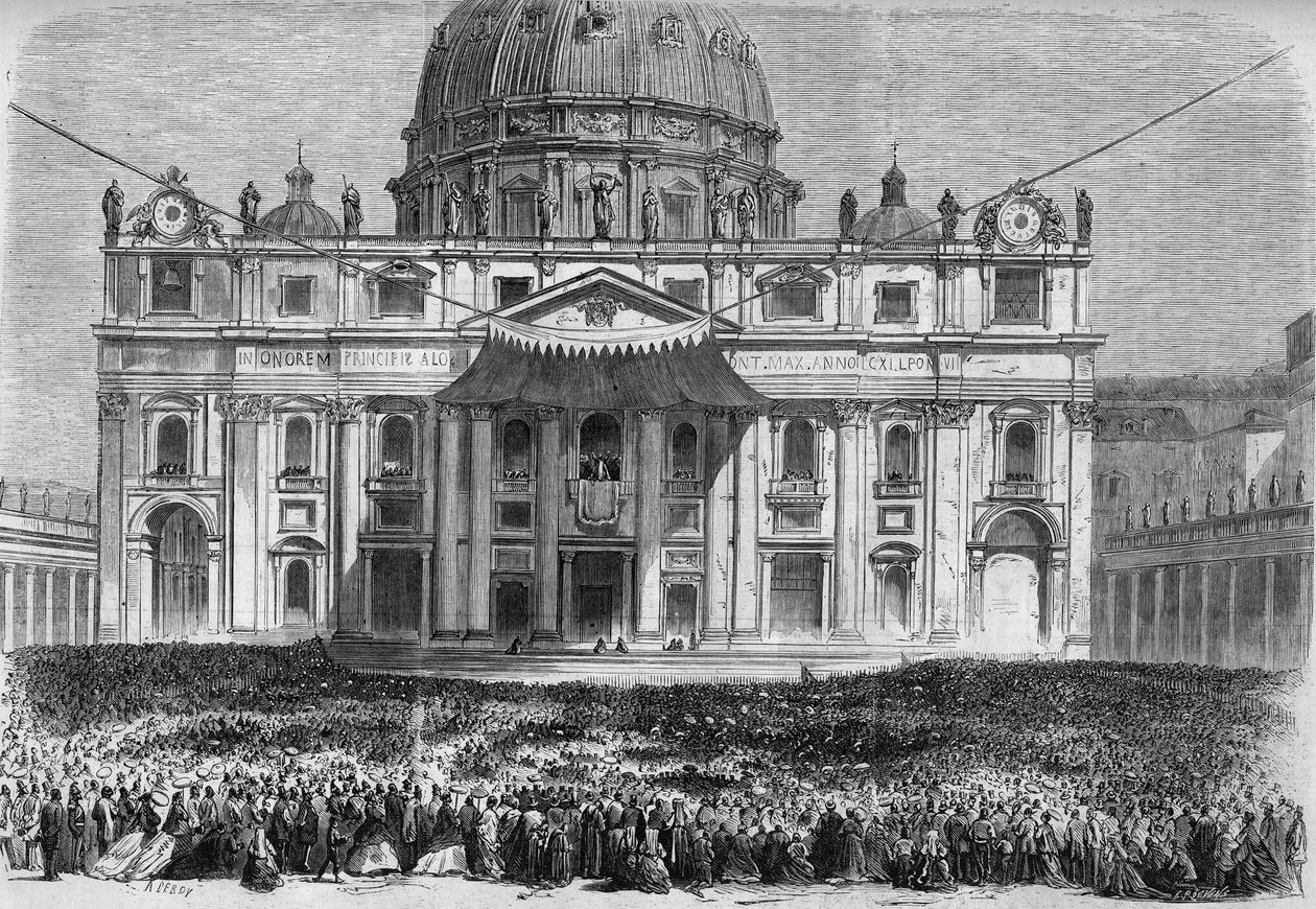 Hellige uke i Roma: utsikt over Petersplassen i Roma (Piazza San Pietro) under velsignelsen "urbi et orbi" på skjærtorsdag og påskedag. Gravering i "" Le Monde Illustré"" nr. 526 av 11. mai 1867. av French School