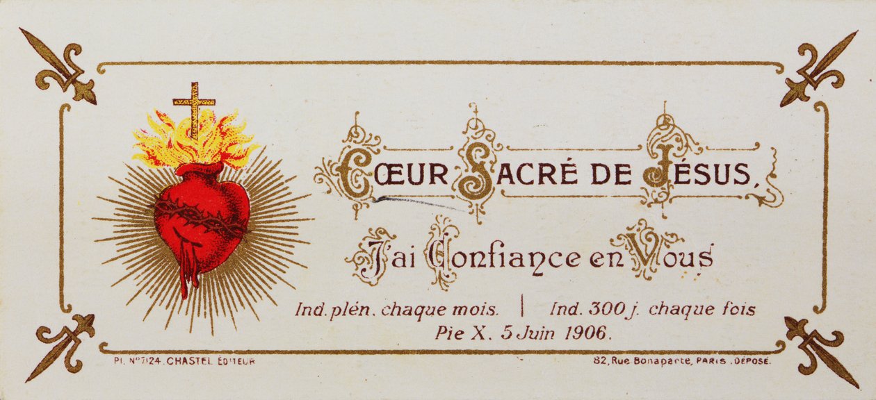 Hellig kort, dedikert til det hellige hjerte, 1906 (trykt kort) av French School