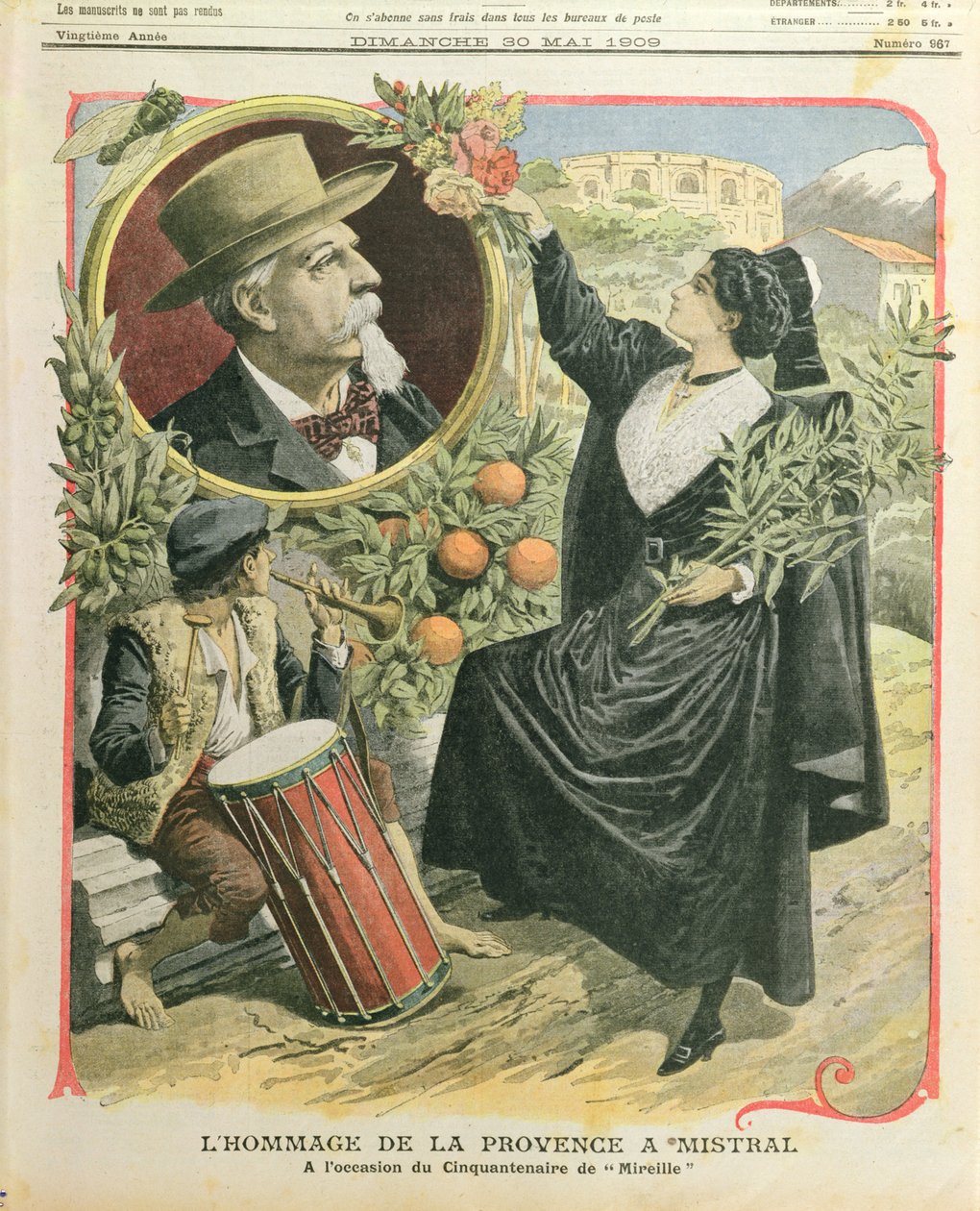 Homage til Frederic Mistral (1830-1914) på femtiårsdagen for utgivelsen av Mireille, illustrasjon fra Le Petit Journal, 30. mai 1909 av French School
