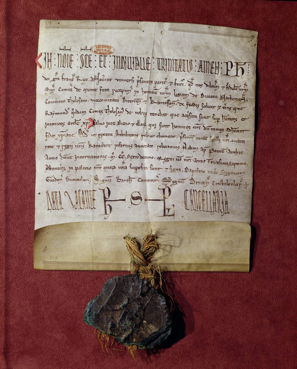 Hyllest til kong Filip II (1165-1223) fra Simon de Montfort (ca. 1160-1218) for territoriene som ble konfiskert fra Raymond VI (1197-1249) ca. 1216 av French School