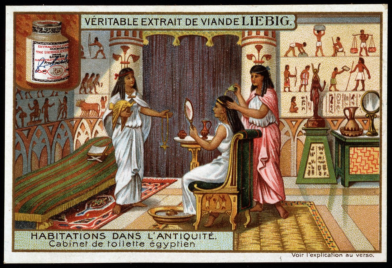 Hjem i antikken: Egyptisk bad - Liebig-reklameklistremerke av French School