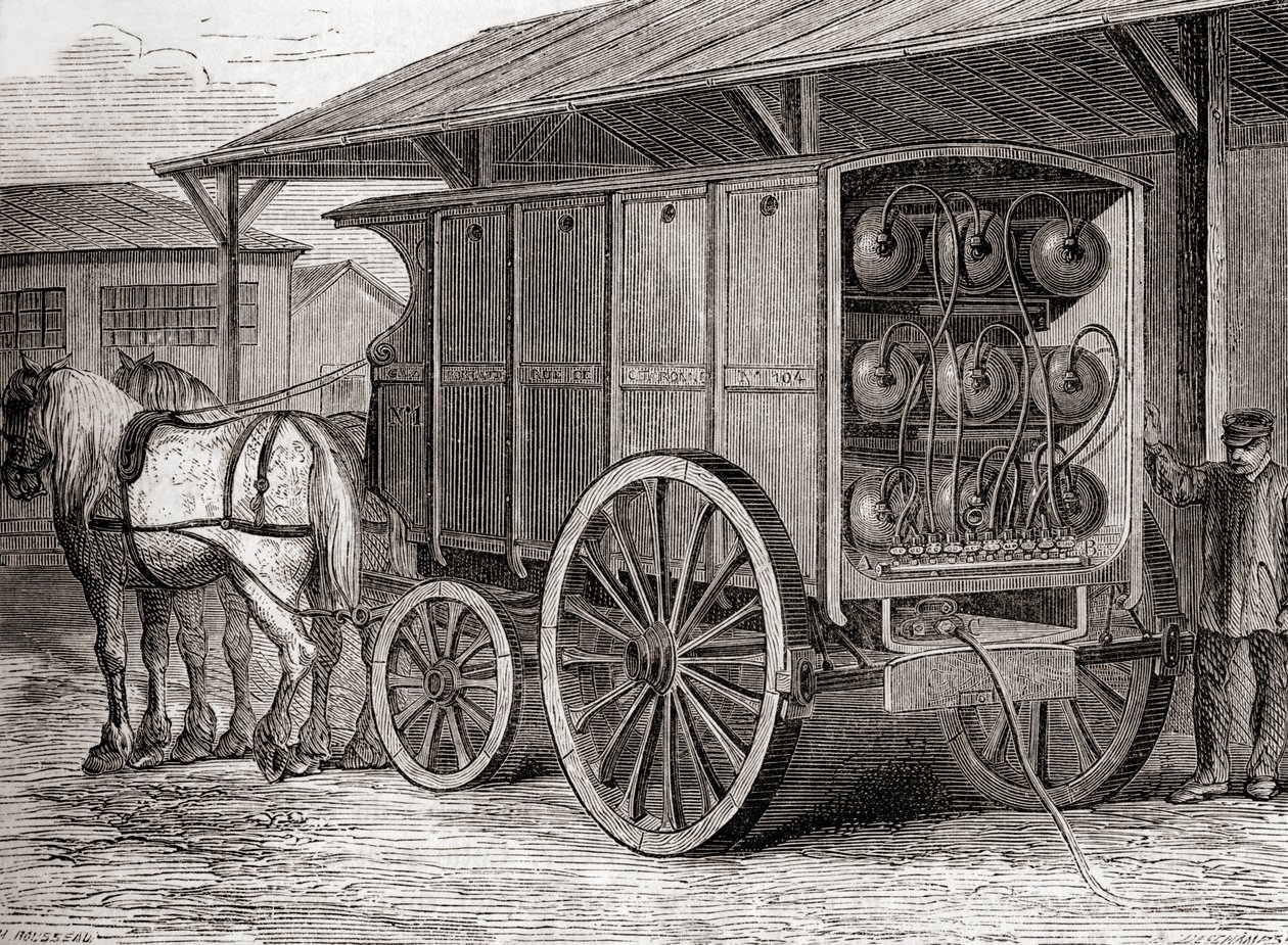 Hestetrukket kjøretøy brukt til å transportere komprimert gass i bærbare beholdere på 1800-tallet, fra Les Merveilles de la Science, publisert ca. 1870 (gravering) av French School