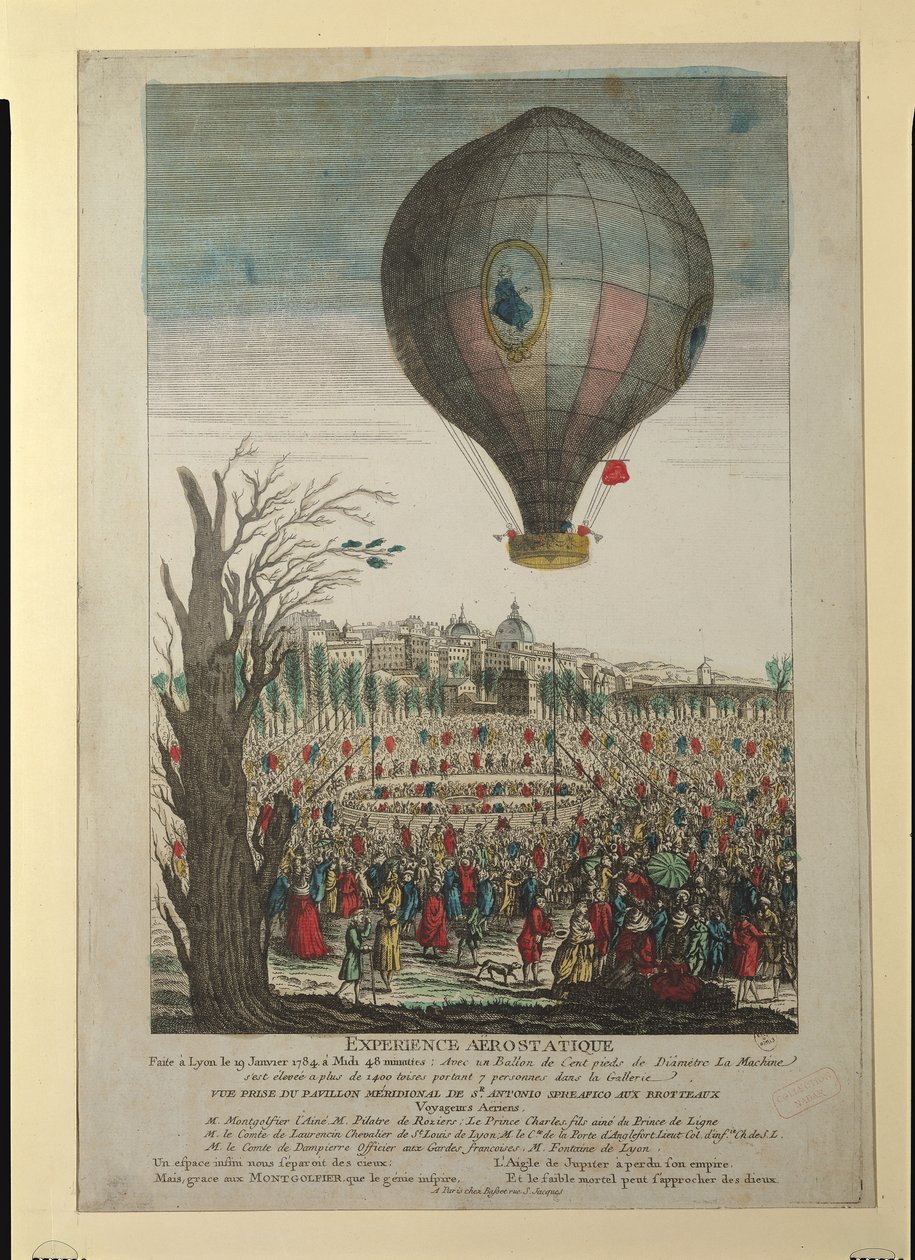 Varmluftsballongeksperiment av Montgolfier Brothers og Francois Pilatre de Rozier (1754-85) i Lyon, 19. januar 1784 av French School