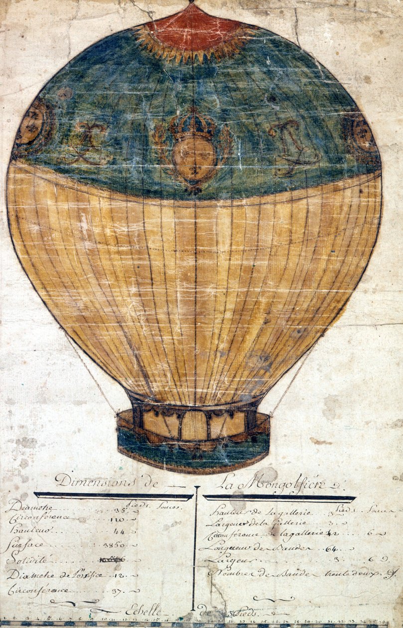 Varmluftsballong av Montgolfier-brødrene. Original tegning. 1782 av French School