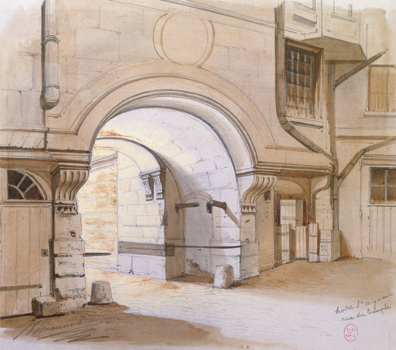 Hotel de Saint-Aignan, Rue du Temple, Paris (blyant og wc på papir) av French School