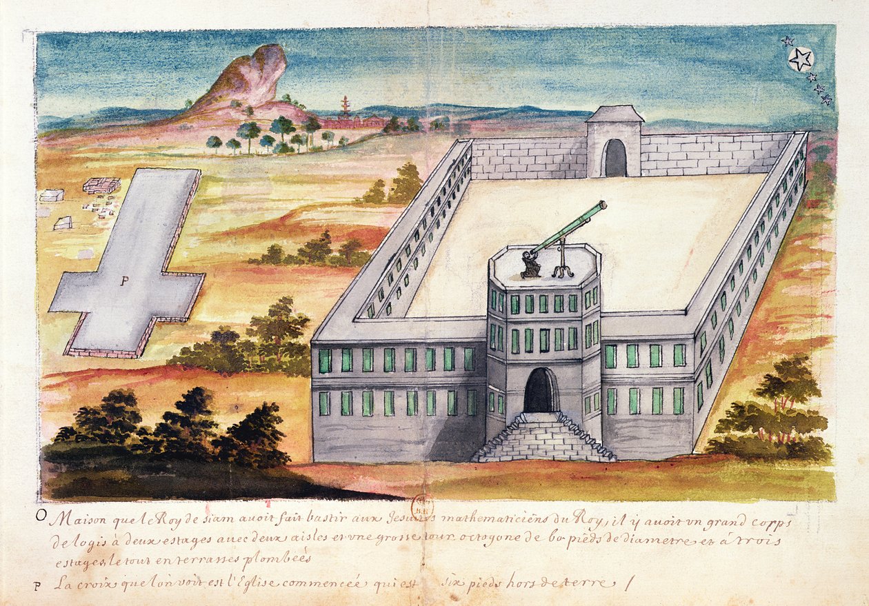 Hus og observatorium bygget av kongen av Siam for jesuittmatematikere, fra en beretning om jesuittene i Siam, 1688 (wc på papir) av French School