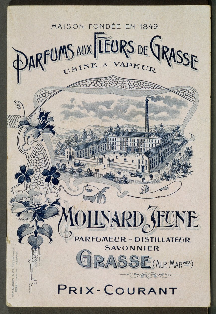 Hus grunnlagt i 1849 - Fragrances aux Fleurs de Grasse - Dampanlegg: Molinard Jeune - Reklamekort som presenterer Molinard-fabrikken - gravering, begynnelsen av det XX. århundre av French School