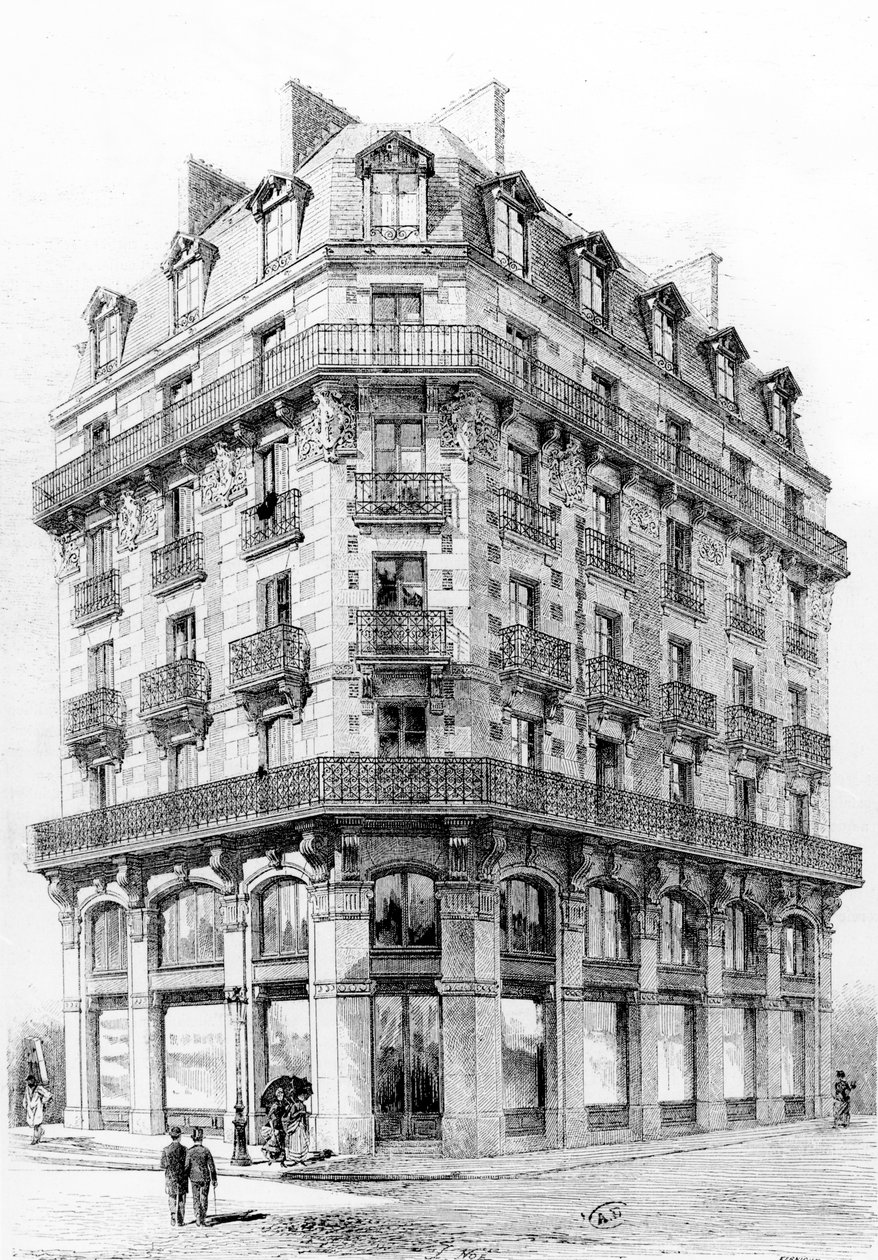 Hus i rue Etienne-Marcel, Paris, sent på 1800-tallet av French School