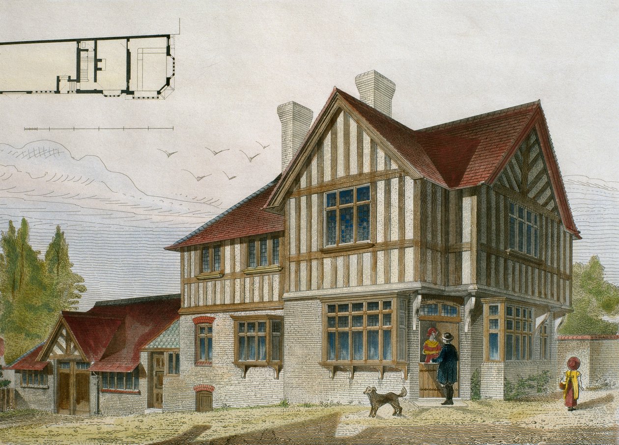 Huset til en liten butikkeier i London-området, illustrasjon fra Le Moniteur des architectes, 1884, gravert av Paul Louis Bury (1800-tallet) (fargegravering) av French School