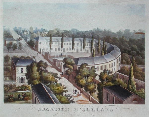 Boligprosjekt (fullført) i Quartier Orleans, rue Halle, ca. 1840-50 (farge litho) av French School