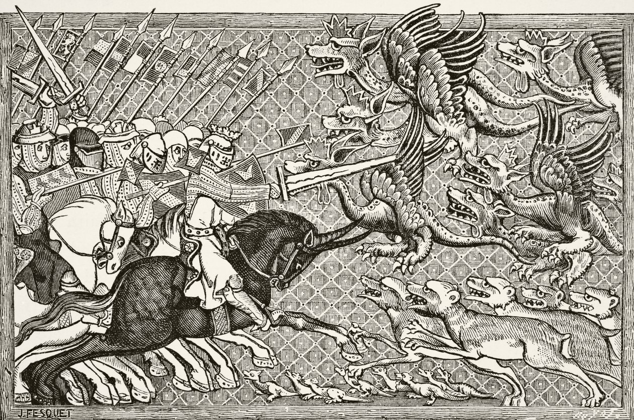 Hvordan Alexander kjempet mot dragene og en dyreart kalt Scorpion, fra "Vitenskap og litteratur i middelalderen" av Paul Lacroix (1806-84) publisert London 1878 av French School