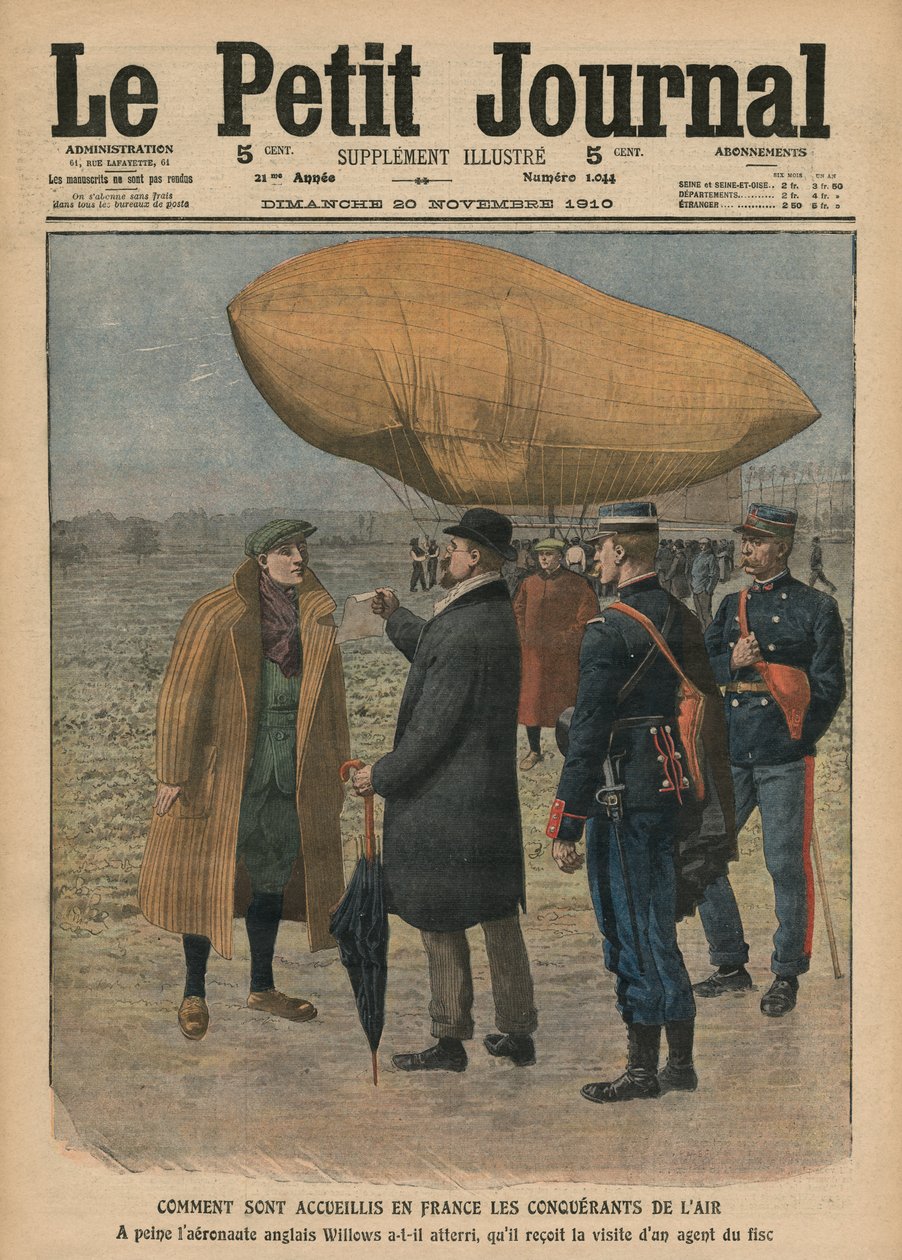 Hvordan lufterobrerne blir ønsket velkommen i Frankrike, Ernest Willows, illustrasjon fra 'Le Petit Journal', tilleggsillustre, 20. november 1910 av French School
