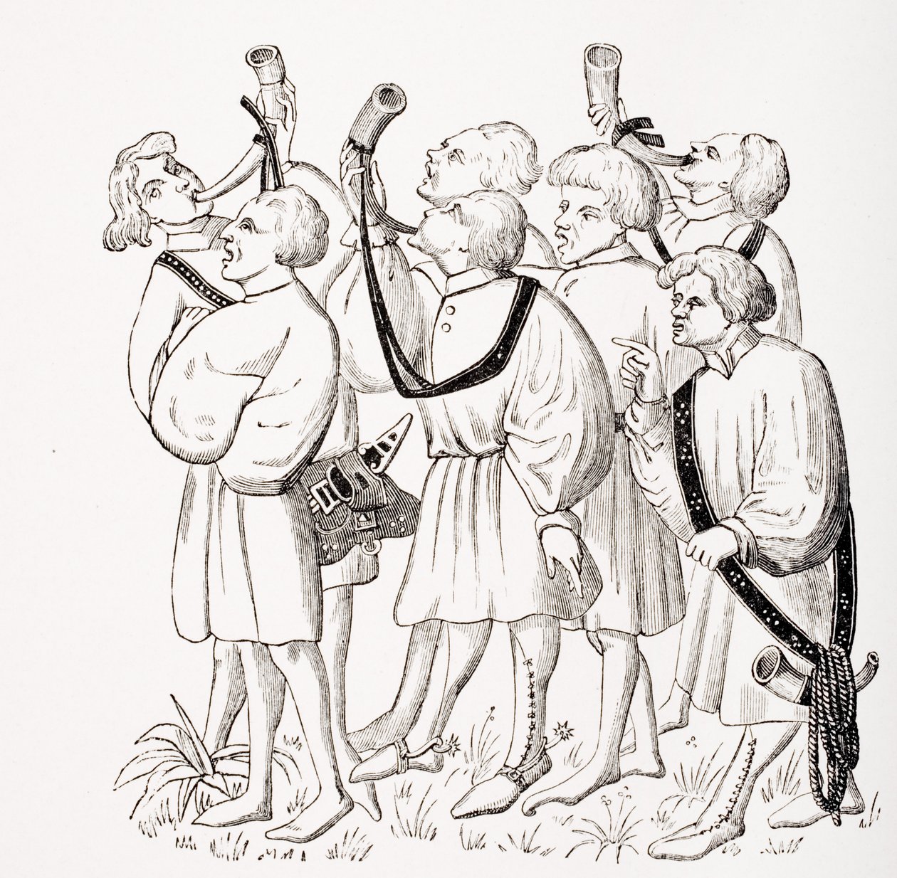 How to Shout and Blow Horns, etter en miniatyr i 1400-tallets manuskript av Phoebus, fra 