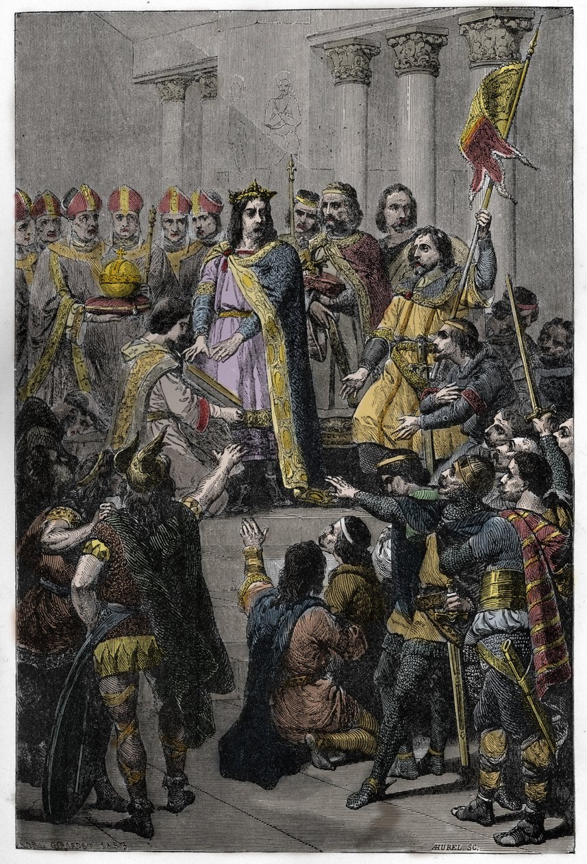 Hugh Capet elected King - Coronation of Hugues Capet (ca. 941-996), King of France, July 3, 987 at Noyon, by Adalberon (ca. 925-990), archeveque of Reims. av French School