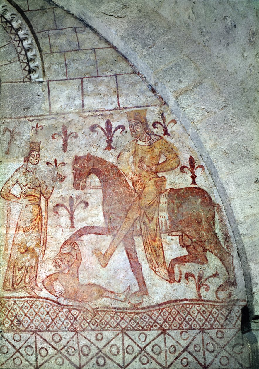 Hugues IX (ca. 1163-1219) Lusignan beseiret Nur al-Din (1116-74) i Syria (veggmaleri) av French School