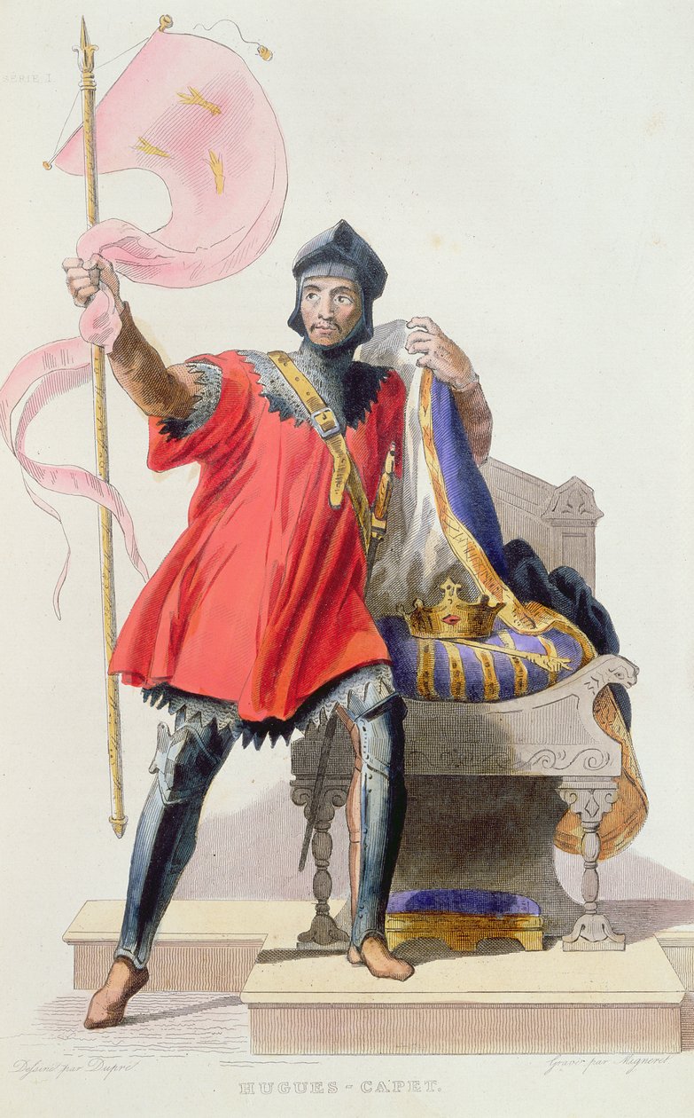 Hugues I Capet (941-996), konge av Frankrike, fra Le Plutarque Francais av E.Mennechet, 1835 (fargegravering) av French School