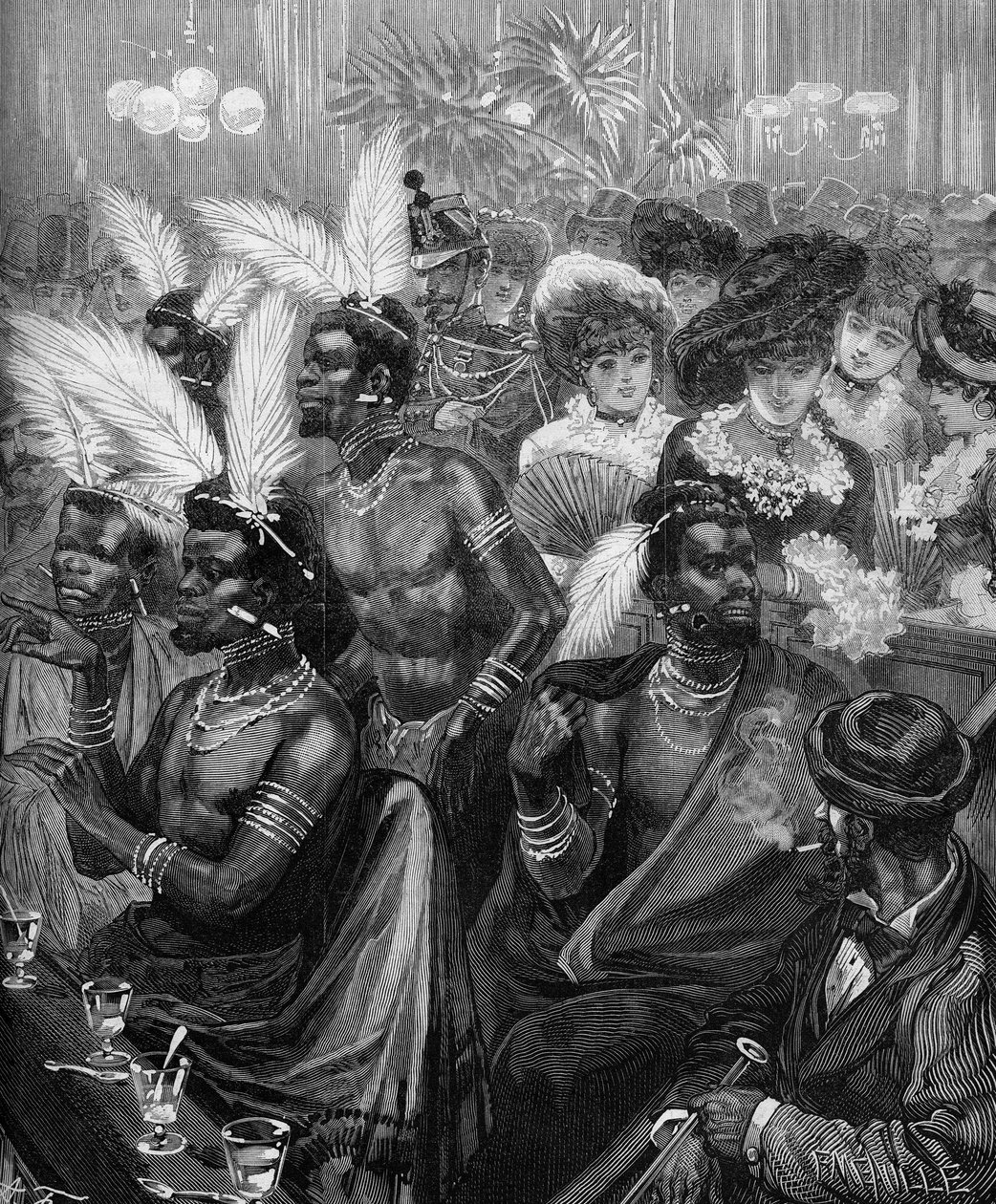 Human Zoo: Zulu-krigere utstilt i en hytte i Cabaret des Folies Bergeres (Folies-Bergeres) i Paris i 1879. Gravering i "" Le Monde Illustré"" nr. 1178 av 21. november 1879. av French School