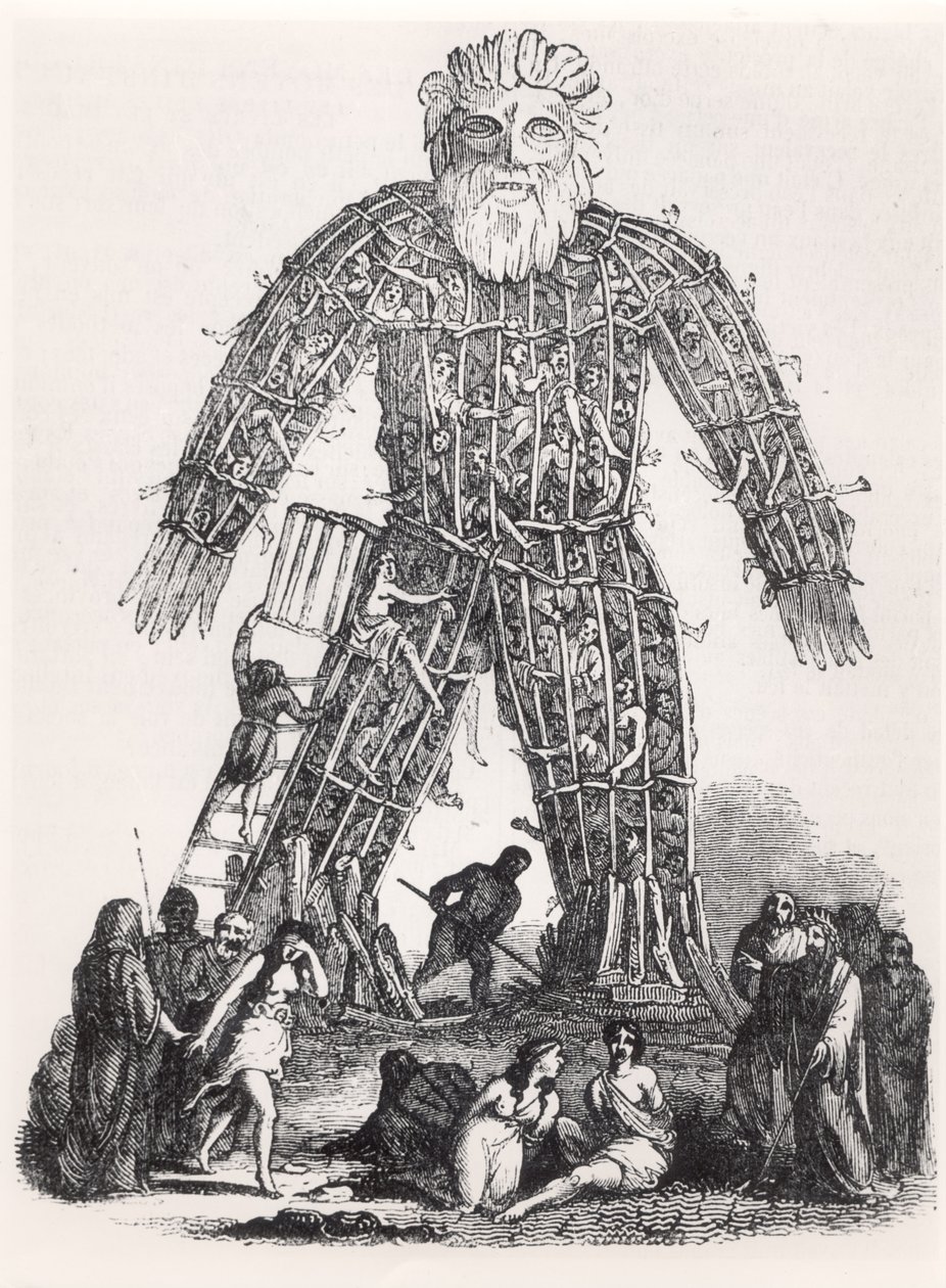 Menneskeofring av galliske druider i en flettet mann, fra Magasin Pittoresque, 1833 av French School