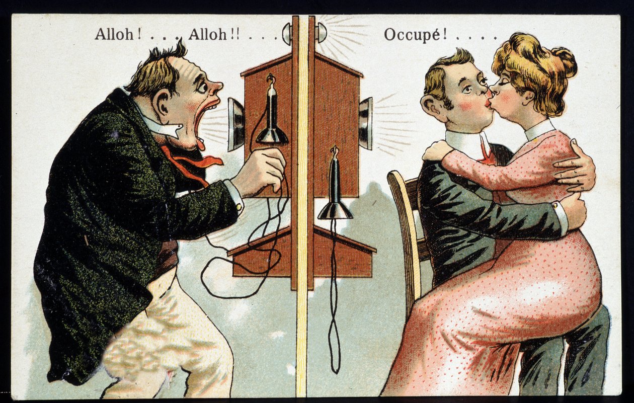 Humoristisk postkort på telefonen, deb. Det 20. århundre. av French School