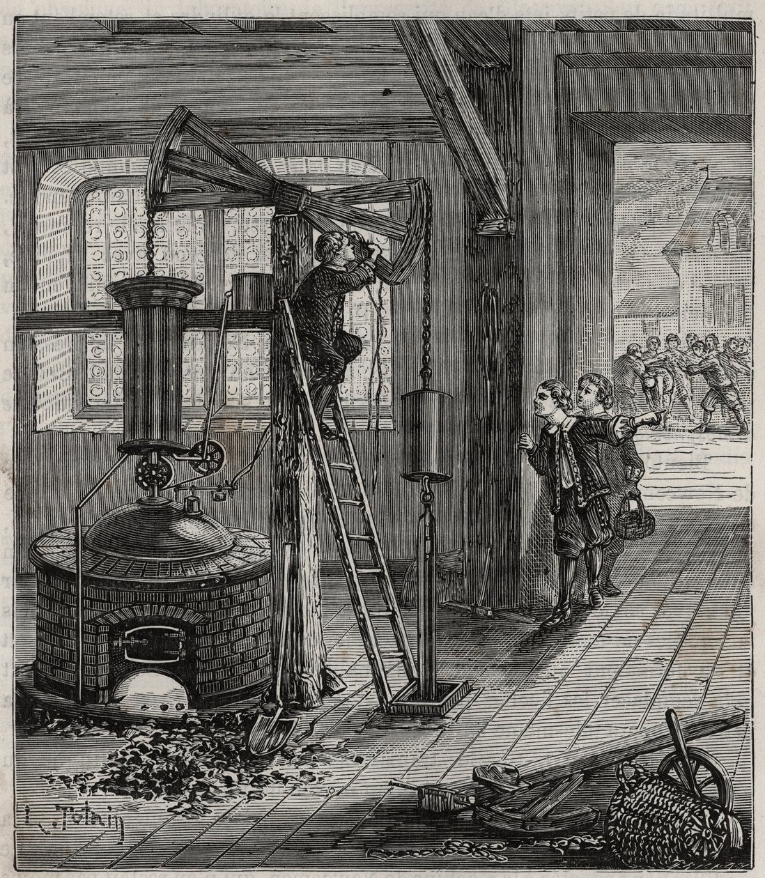 Humphrey Potter, med ansvar for å åpne og lukke ventilene til Thomas Newcomens maskin, fikk den til å fungere uten hjelp ved å plassere tau og butees riktig for å åpne og lukke ventilene av French School