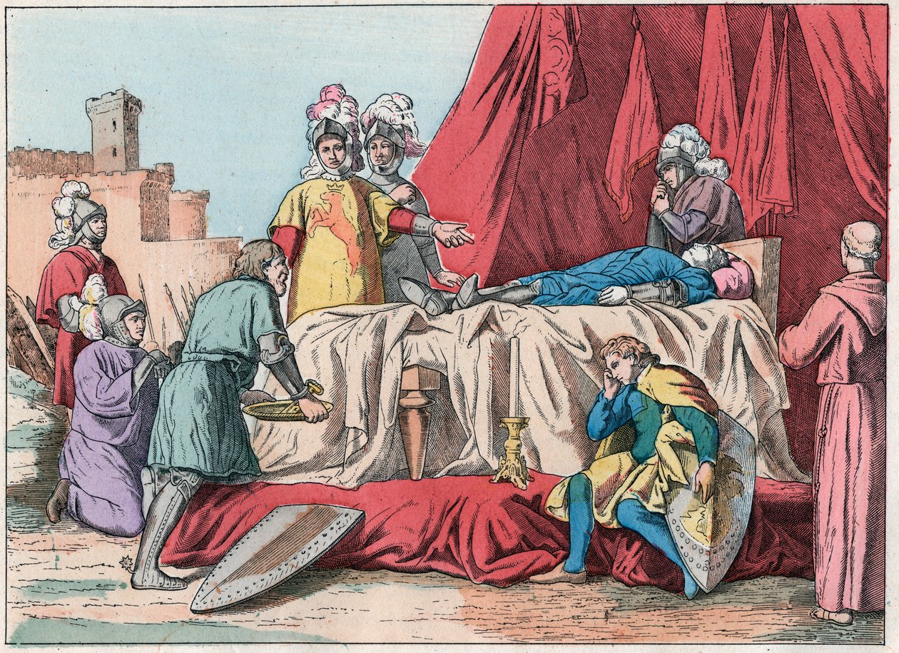 Hundreårskrig: "" Bernard du Guesclins (1320-1380) død foran Chateauneuf de Randon den 13/07/1380"" - Duguesclins død (under beleiringen av Chateauneuf-de-Randon den 13. juli 1380) ) - Gravering av slutten av 1800-tallet i "" Nos Gires av French School
