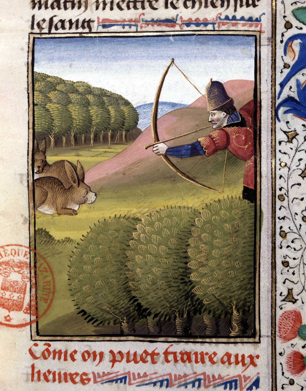 Jakt på en bue: hare - i "" Jaktbok av Gaston Phoebus, greve av Foix, Lord of Béarn"" av French School