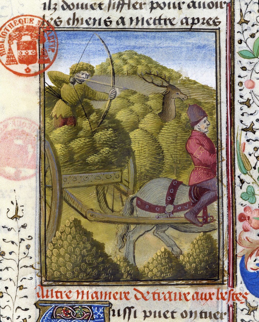 Jakt hjort med bue og feste - i "" Jaktbok av Gaston Phoebus, greve av Foix, Lord of Béarn"" av French School