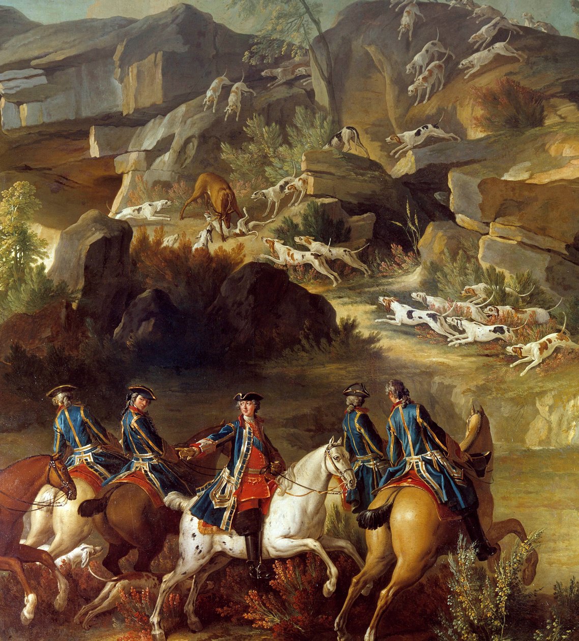 Jaktscene løp. Rytterne er på vei mot doeen som er beslaglagt av hundene. Detalj av et anonymt maleri fra 1700-tallet. Gien, Jaktmuseum av French School