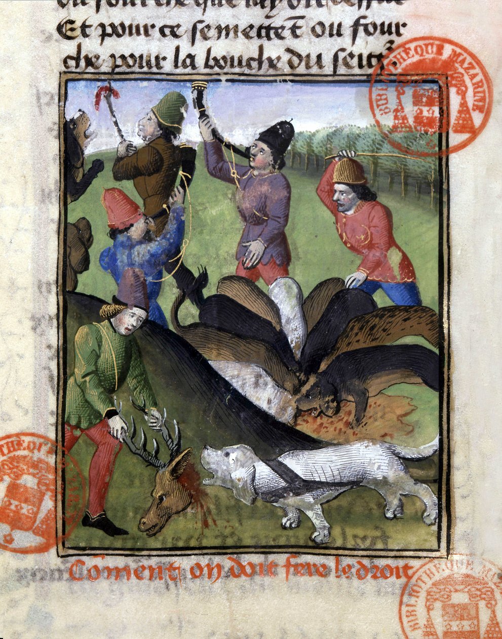 Jaktscene: andelen av hjorten for flokken med hunder - i "" The Hunting Book of Gaston Phoebus, Count of Foix, Lord of Béarn"" av French School