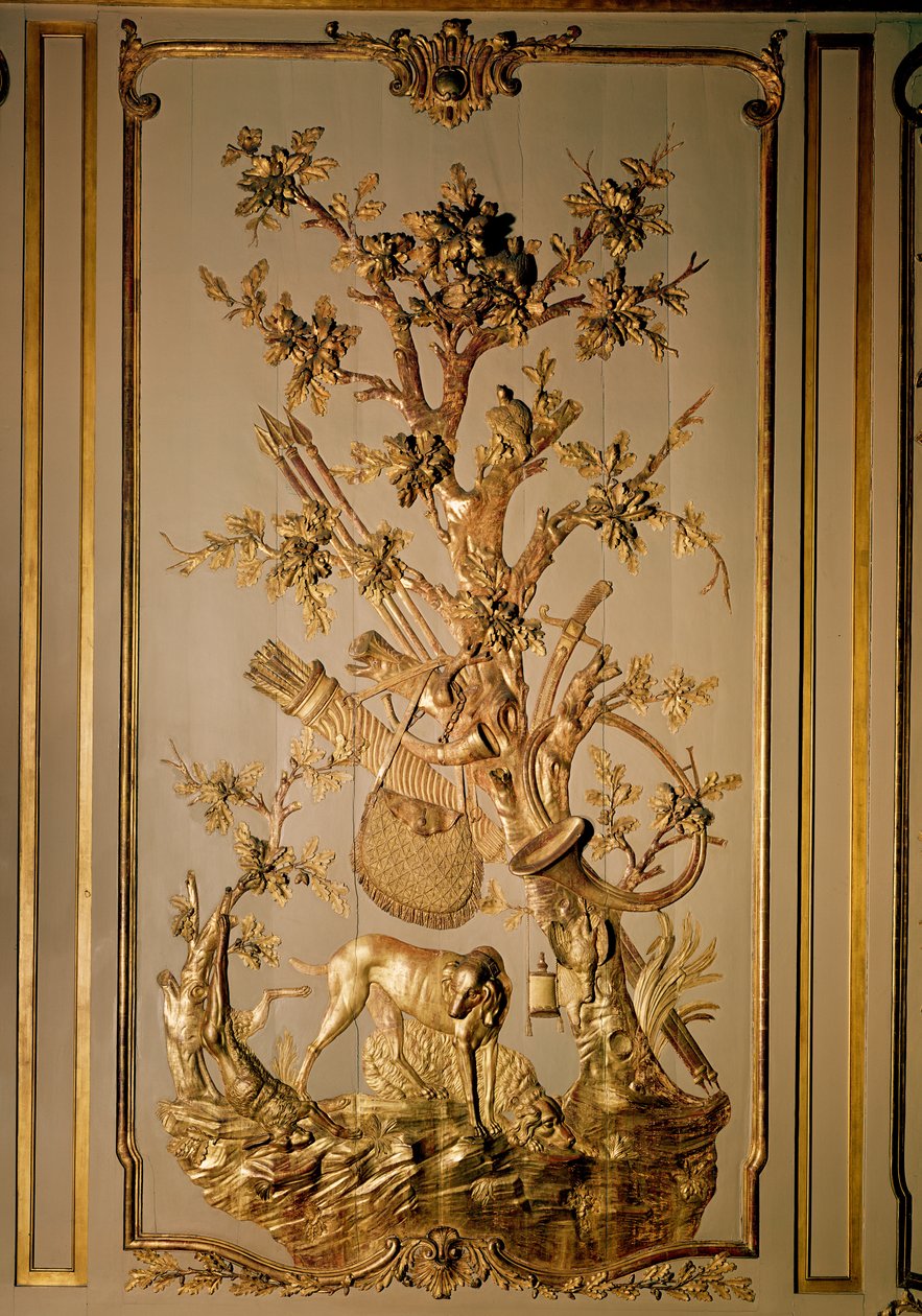 Jaktscene, trepanel opprinnelig fra spisesalen på Hotel des Etats du Languedoc (forgylt tre) av French School